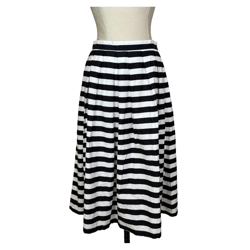 Alythea Skirt Womens L Black White Stripe Pleated Midi‎ A Line Stretch Classic